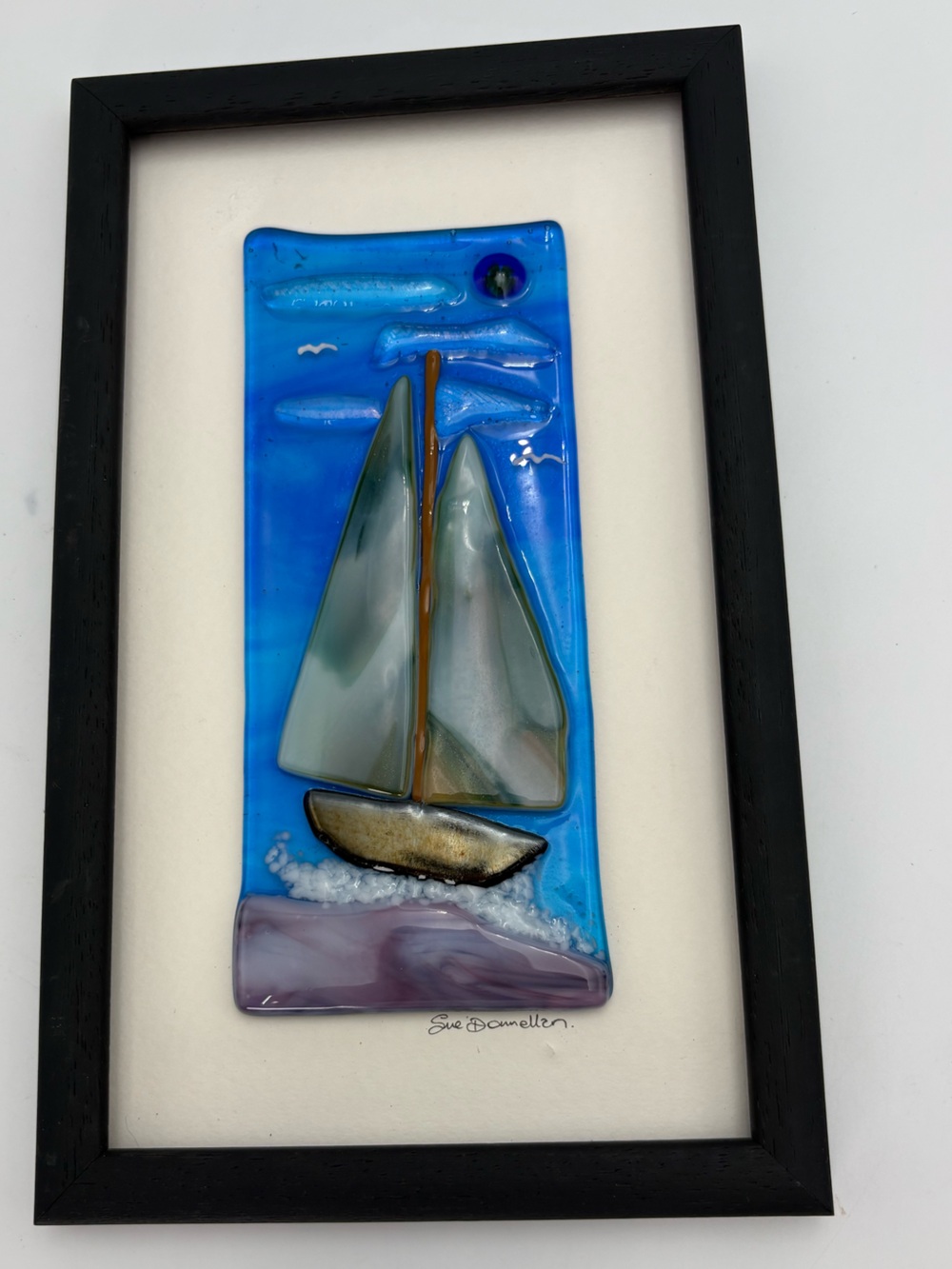 Handcrafted Blue Glass Sailboat Wall Signed Art by S. Donellan of Galway Ireland